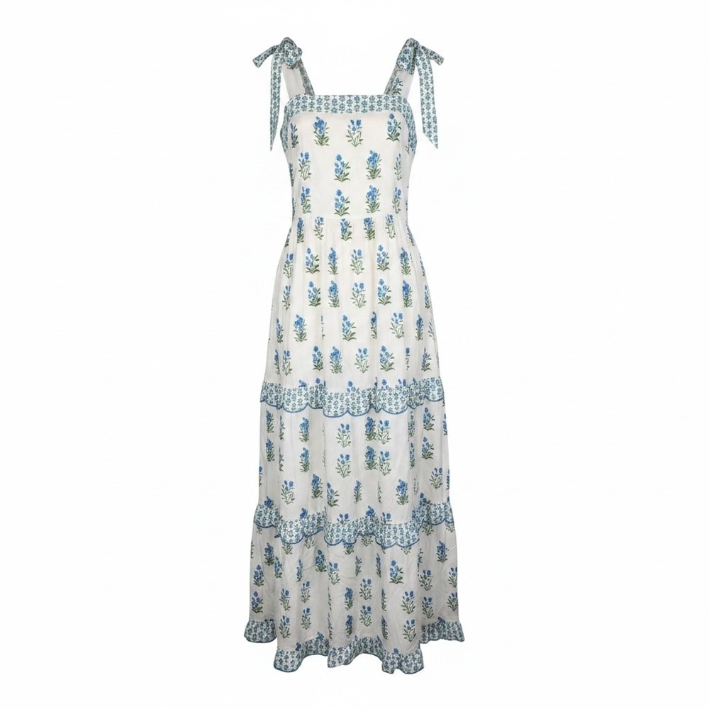 Mainstrip White Blue Floral Cottagecore Smocked Tier SunDress Large